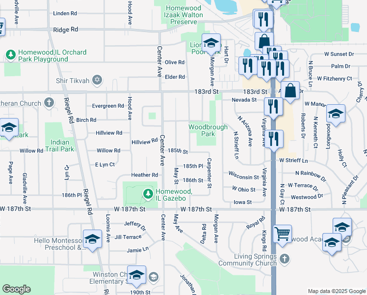 map of restaurants, bars, coffee shops, grocery stores, and more near 1101 185th Street in Homewood