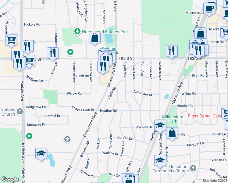 map of restaurants, bars, coffee shops, grocery stores, and more near 18516 Stedhall Road in Homewood