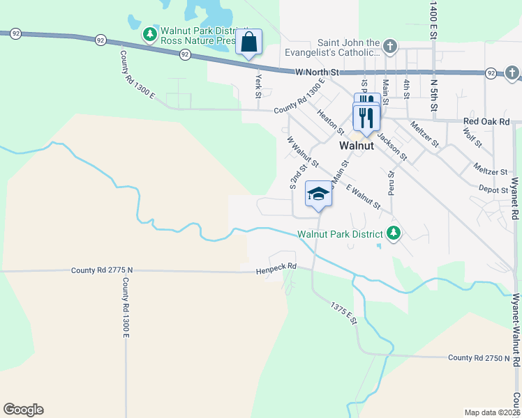 map of restaurants, bars, coffee shops, grocery stores, and more near 303 South 2nd Street in Walnut