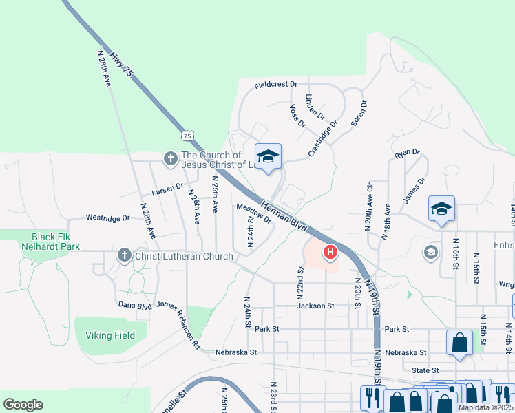 map of restaurants, bars, coffee shops, grocery stores, and more near 2247 Meadow Drive in Blair
