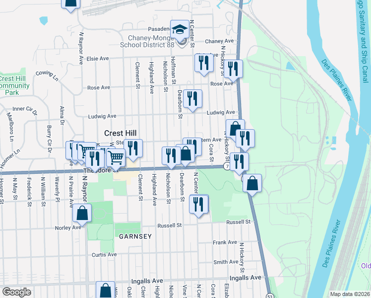 map of restaurants, bars, coffee shops, grocery stores, and more near 1607 Dearborn Street in Crest Hill