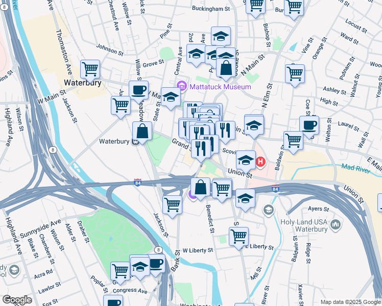 map of restaurants, bars, coffee shops, grocery stores, and more near in Waterbury