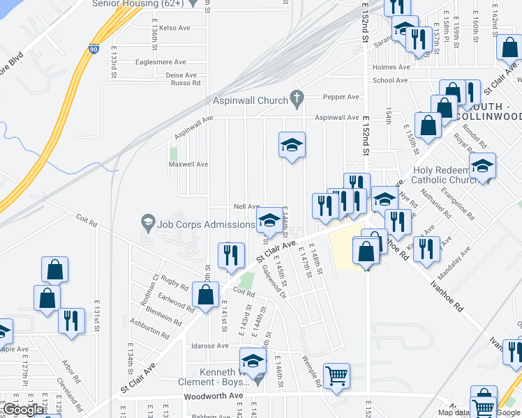 map of restaurants, bars, coffee shops, grocery stores, and more near 938 East 144th Street in Cleveland
