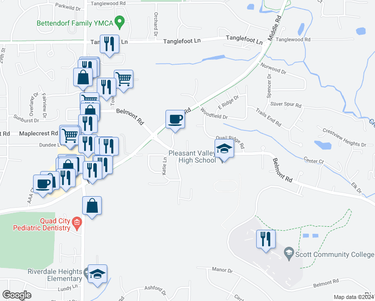 map of restaurants, bars, coffee shops, grocery stores, and more near Belmont Place in Bettendorf