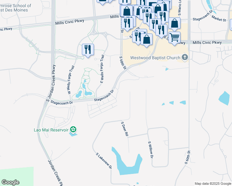 map of restaurants, bars, coffee shops, grocery stores, and more near 1006 East Wells Fargo Trail in West Des Moines