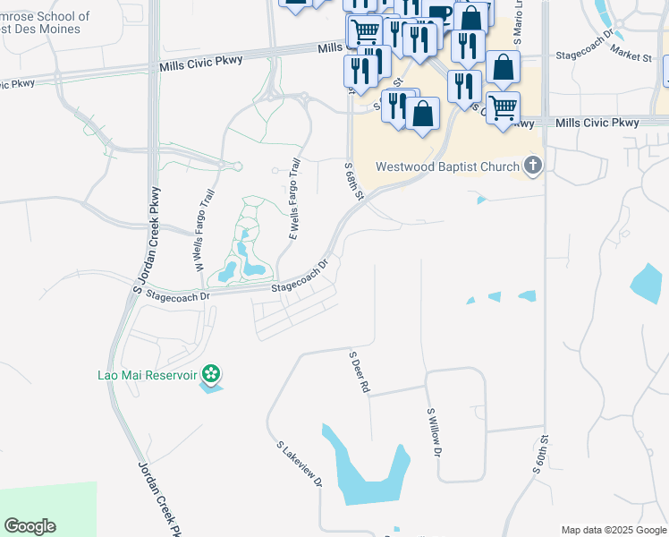 map of restaurants, bars, coffee shops, grocery stores, and more near 6950 Stagecoach Drive in West Des Moines
