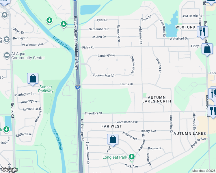 map of restaurants, bars, coffee shops, grocery stores, and more near 3102 Harris Drive in Joliet