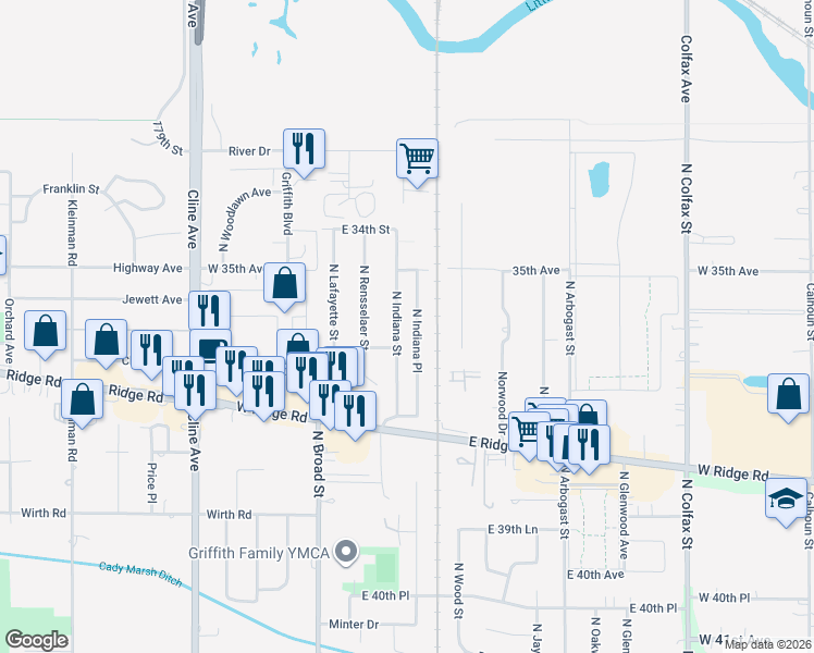 map of restaurants, bars, coffee shops, grocery stores, and more near 1827 North Indiana Street in Griffith