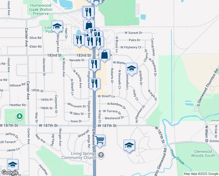 map of restaurants, bars, coffee shops, grocery stores, and more near 438 Roberts Drive in Glenwood