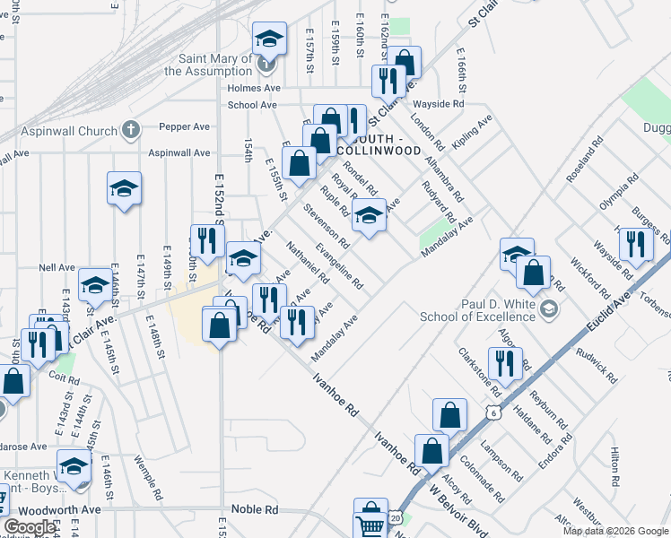 map of restaurants, bars, coffee shops, grocery stores, and more near 958 Evangeline Road in Cleveland