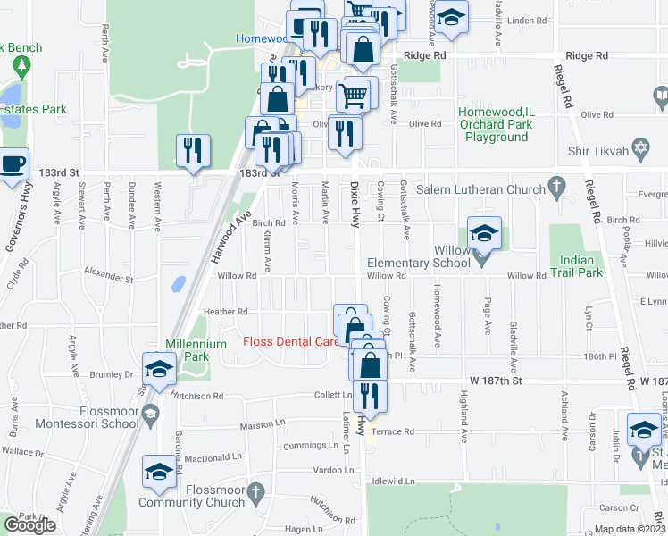 map of restaurants, bars, coffee shops, grocery stores, and more near 18461 Martin Avenue in Homewood