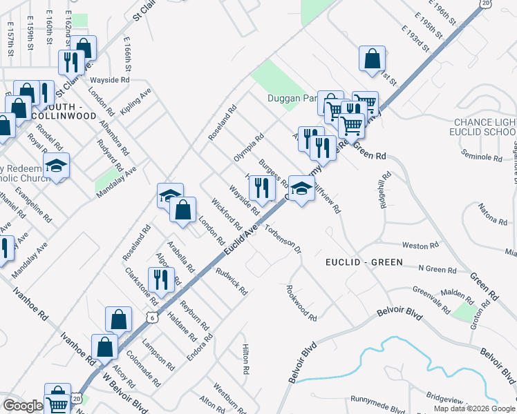 map of restaurants, bars, coffee shops, grocery stores, and more near 1745 Wayside Road in Cleveland
