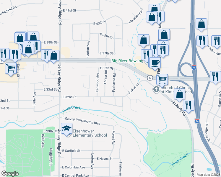 map of restaurants, bars, coffee shops, grocery stores, and more near 3316 Fairhaven Road in Davenport