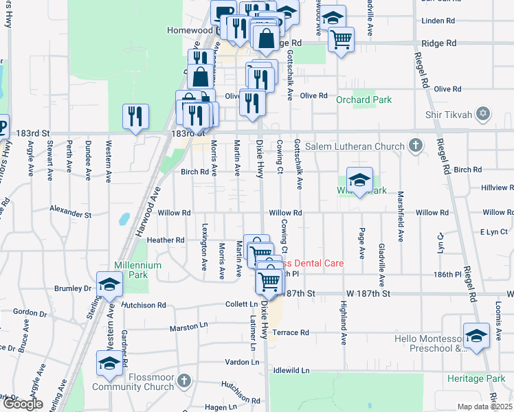 map of restaurants, bars, coffee shops, grocery stores, and more near 18460 Dixie Highway in Homewood