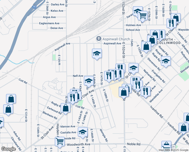 map of restaurants, bars, coffee shops, grocery stores, and more near 885 East 146th Street in Cleveland