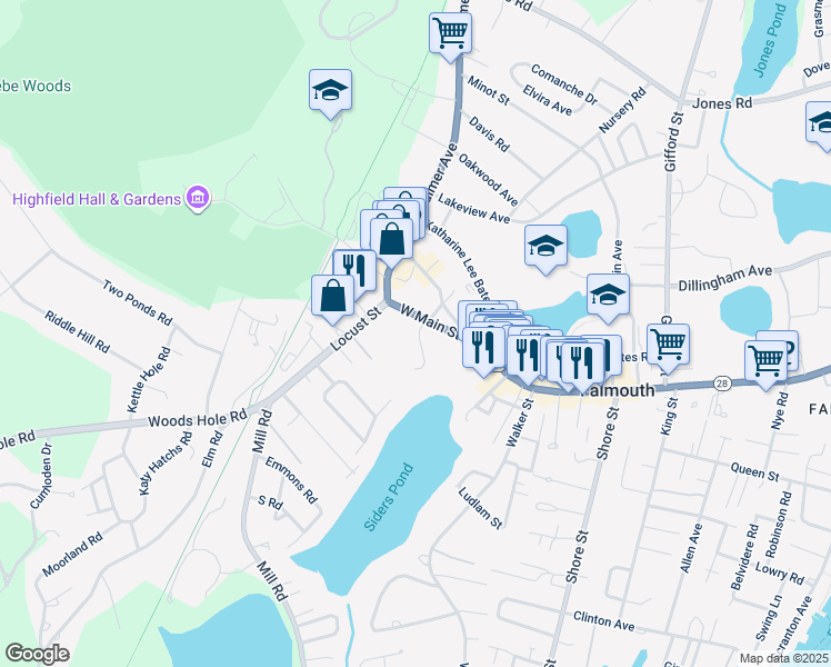 map of restaurants, bars, coffee shops, grocery stores, and more near 12 Hewins Street in Falmouth