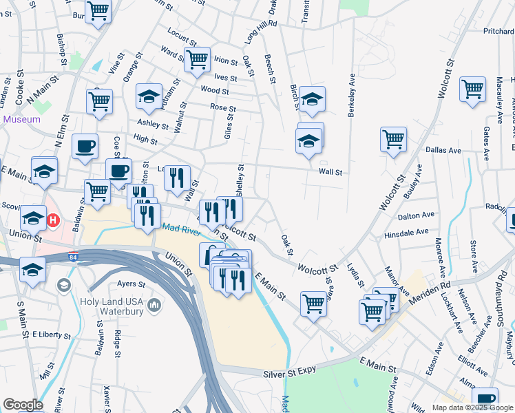 map of restaurants, bars, coffee shops, grocery stores, and more near 16 Shelley Street in Waterbury