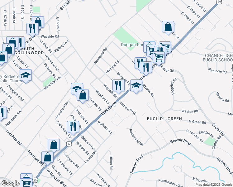 map of restaurants, bars, coffee shops, grocery stores, and more near 1745 Wayside Road in Cleveland