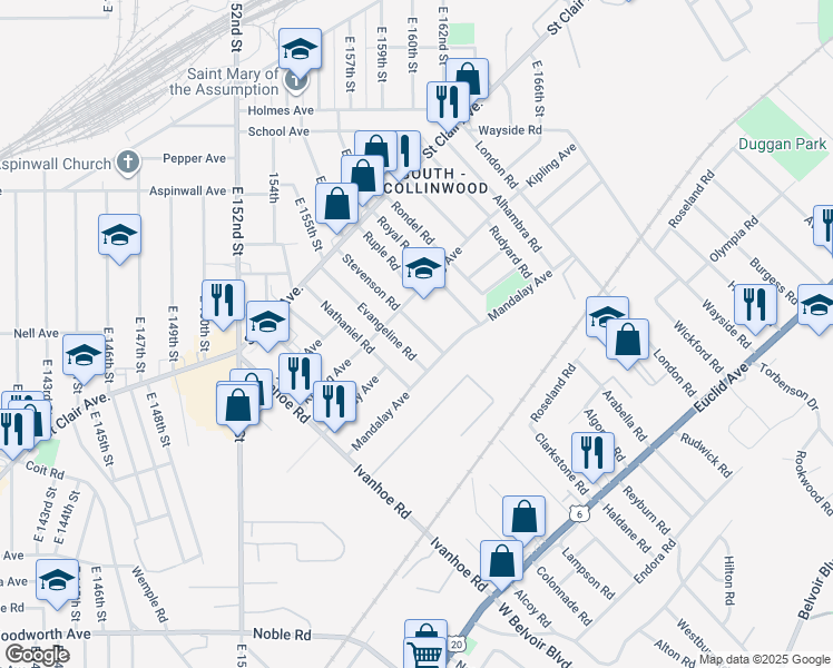 map of restaurants, bars, coffee shops, grocery stores, and more near 957 Stevenson Road in Cleveland