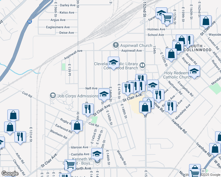 map of restaurants, bars, coffee shops, grocery stores, and more near 913 East 146th Street in Cleveland