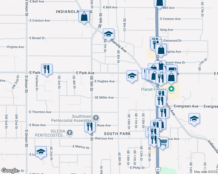 map of restaurants, bars, coffee shops, grocery stores, and more near 612 East Hughes Avenue in Des Moines