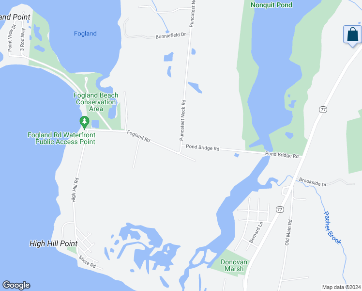 map of restaurants, bars, coffee shops, grocery stores, and more near Puncatest Neck Road & Fogland Road in Tiverton