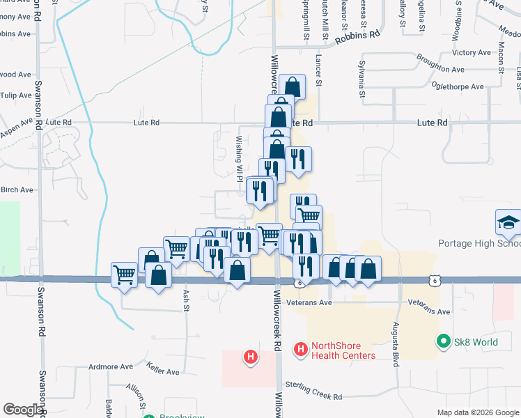 map of restaurants, bars, coffee shops, grocery stores, and more near 3380 Willowcreek Road in Portage