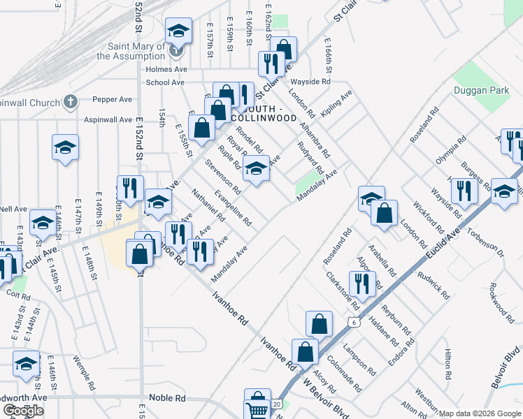 map of restaurants, bars, coffee shops, grocery stores, and more near 957 Stevenson Road in Cleveland