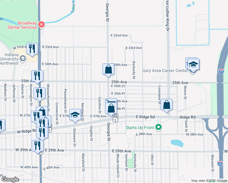 map of restaurants, bars, coffee shops, grocery stores, and more near 850 East 35th Court in Gary