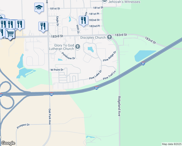 map of restaurants, bars, coffee shops, grocery stores, and more near 18520 Pine Trail Lane in Tinley Park