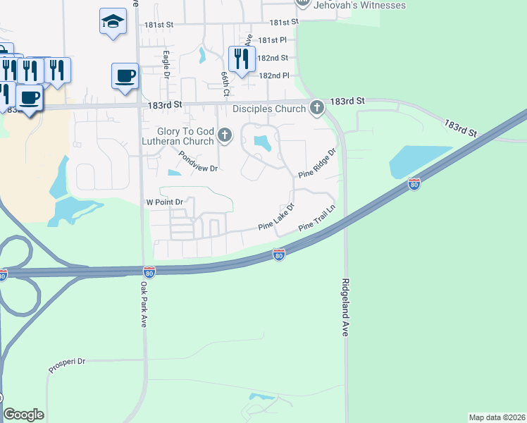map of restaurants, bars, coffee shops, grocery stores, and more near 18520 Pine Trail Lane in Tinley Park