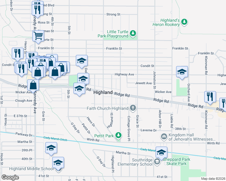 map of restaurants, bars, coffee shops, grocery stores, and more near 8732 Cottage Grove Ave in Highland