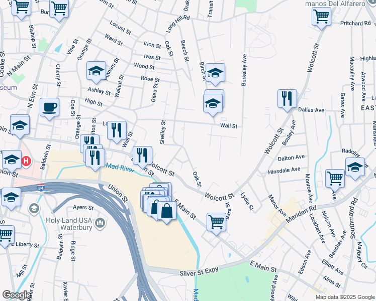 map of restaurants, bars, coffee shops, grocery stores, and more near 299 Oak Street in Waterbury