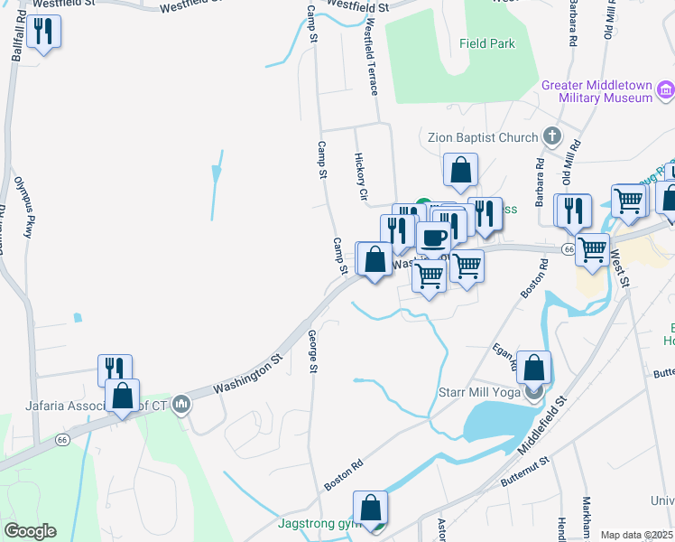 map of restaurants, bars, coffee shops, grocery stores, and more near 9 Camp Street in Middletown