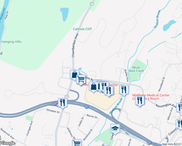 map of restaurants, bars, coffee shops, grocery stores, and more near 511 Kensington Avenue in Meriden
