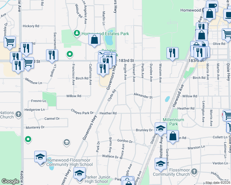 map of restaurants, bars, coffee shops, grocery stores, and more near 18426 Clyde Road in Homewood