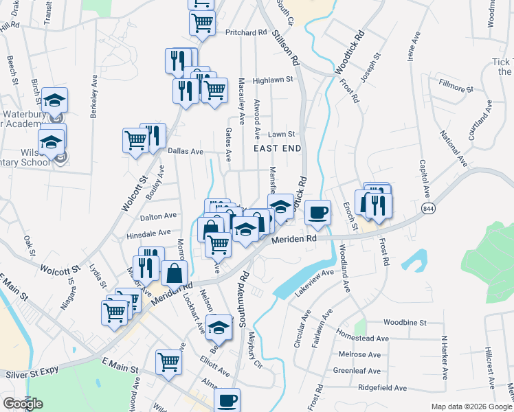 map of restaurants, bars, coffee shops, grocery stores, and more near 80 Atwood Avenue in Waterbury