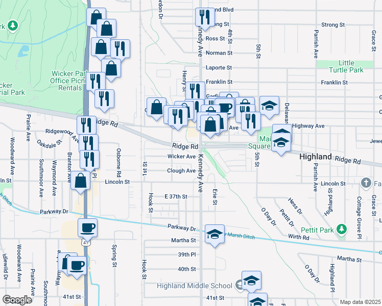 map of restaurants, bars, coffee shops, grocery stores, and more near 7470-7516 Erie Lackawanna Trail in Highland