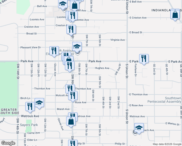map of restaurants, bars, coffee shops, grocery stores, and more near 608 Hughes Avenue in Des Moines