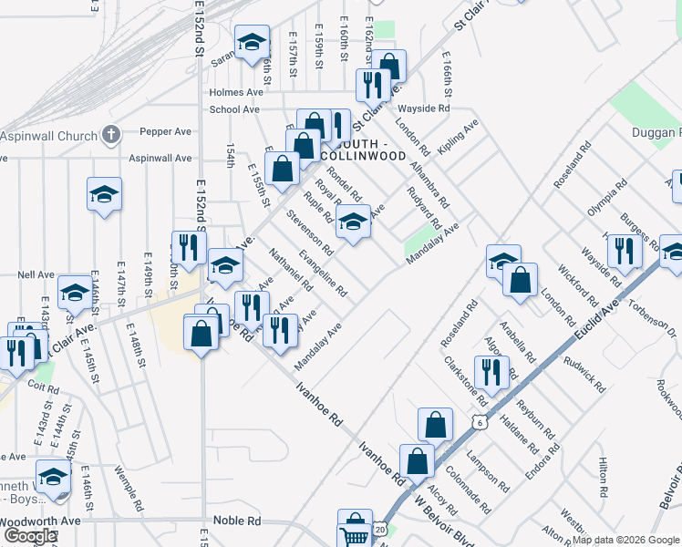 map of restaurants, bars, coffee shops, grocery stores, and more near 957 Stevenson Road in Cleveland
