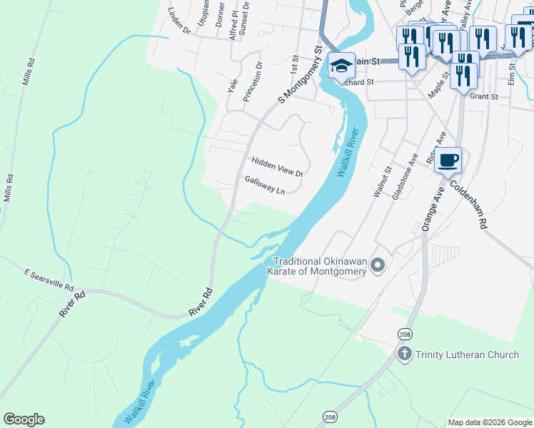 map of restaurants, bars, coffee shops, grocery stores, and more near 195 River Road in Walden