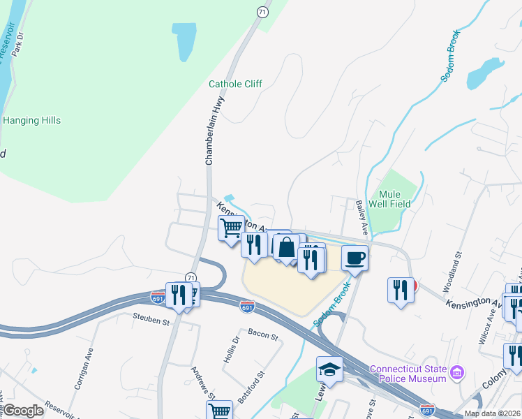map of restaurants, bars, coffee shops, grocery stores, and more near 511 Kensington Avenue in Meriden