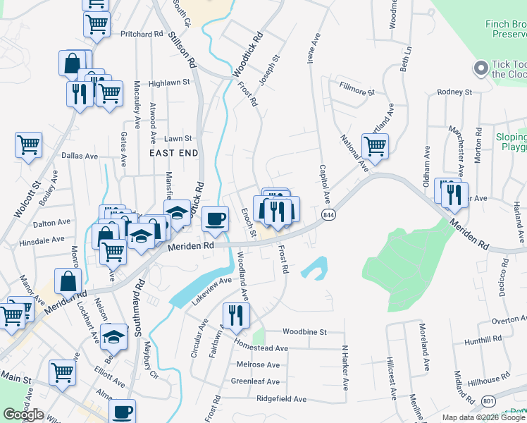 map of restaurants, bars, coffee shops, grocery stores, and more near 22 Munson Avenue in Waterbury