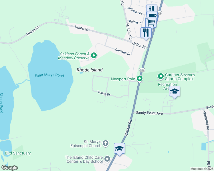 map of restaurants, bars, coffee shops, grocery stores, and more near 136 Oakland Farm Road in Portsmouth