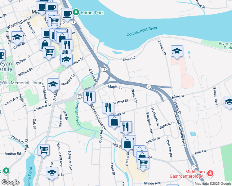 map of restaurants, bars, coffee shops, grocery stores, and more near 16 Maple Street in Middletown