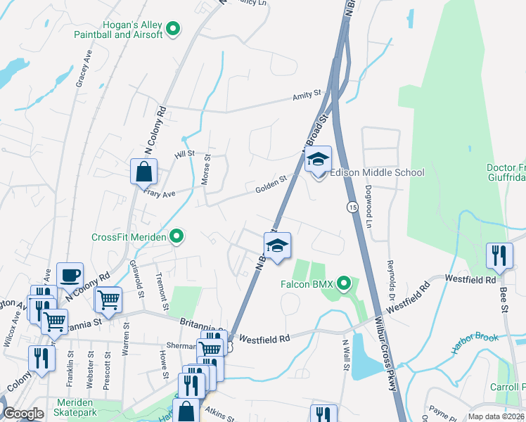 map of restaurants, bars, coffee shops, grocery stores, and more near 1332 North Broad Street in Meriden
