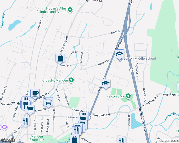 map of restaurants, bars, coffee shops, grocery stores, and more near 145 Golden Street in Meriden