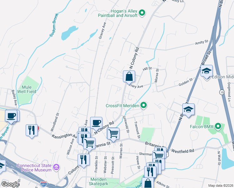 map of restaurants, bars, coffee shops, grocery stores, and more near 181 Hicks Street in Meriden