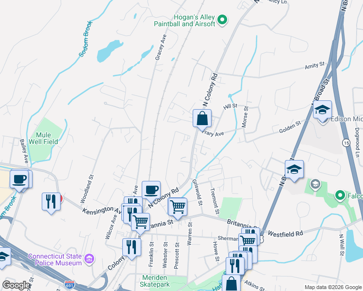 map of restaurants, bars, coffee shops, grocery stores, and more near 181 Hicks Street in Meriden