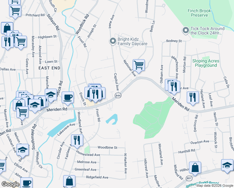 map of restaurants, bars, coffee shops, grocery stores, and more near 33 Capitol Avenue in Waterbury